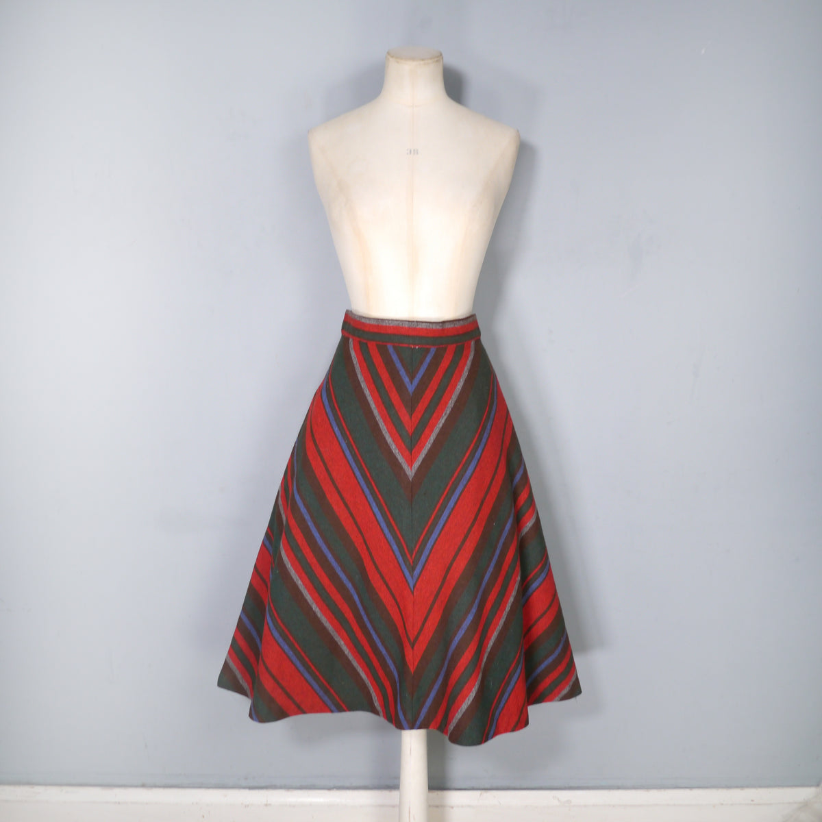 70s AUTUMNAL RED BROWN CHEVRON WOOL A-LINE SKIRT