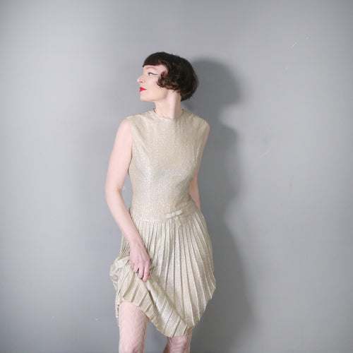 BLANES 60s METALLIC SHIMMERING SILVER LUREX PLEATED COCKTAIL DRESS- M-L