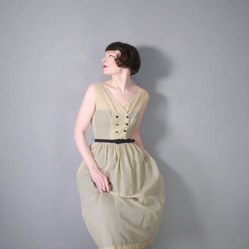 50s SHEER YELLOW AND GREY STRIPED DAY DRESS - S