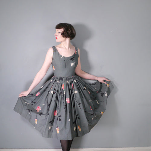 50s GREY STEMMED AND LABELED ROSE PRINT VICTOR JOSSELYN DRESS - S
