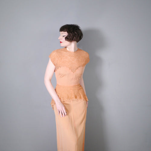 40s PEACHY LIGHT ORANGE RAYON AND LACE EVENING DRESS - XS-S