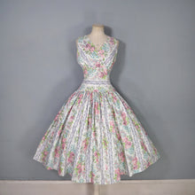 Load image into Gallery viewer, 50s ROMANTIC GREY AND PASTEL PINK FLORAL ROSE PRINT DRESS - S-M