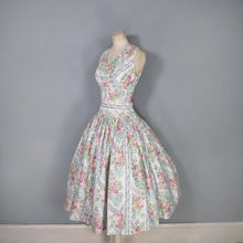 Load image into Gallery viewer, 50s ROMANTIC GREY AND PASTEL PINK FLORAL ROSE PRINT DRESS - S-M