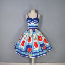 Load image into Gallery viewer, 60s BRIGHT BLUE AND RED STRAPPY POPPY FLORAL FULL SKIRTED SUN DRESS - XS