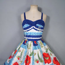 Load image into Gallery viewer, 60s BRIGHT BLUE AND RED STRAPPY POPPY FLORAL FULL SKIRTED SUN DRESS - XS