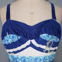 Load image into Gallery viewer, 60s BRIGHT BLUE AND RED STRAPPY POPPY FLORAL FULL SKIRTED SUN DRESS - XS