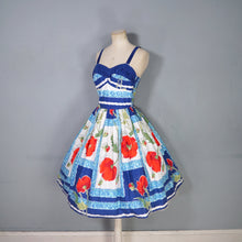 Load image into Gallery viewer, 60s BRIGHT BLUE AND RED STRAPPY POPPY FLORAL FULL SKIRTED SUN DRESS - XS