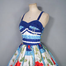 Load image into Gallery viewer, 60s BRIGHT BLUE AND RED STRAPPY POPPY FLORAL FULL SKIRTED SUN DRESS - XS