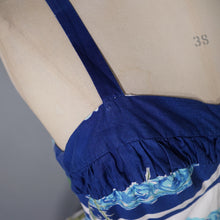 Load image into Gallery viewer, 60s BRIGHT BLUE AND RED STRAPPY POPPY FLORAL FULL SKIRTED SUN DRESS - XS