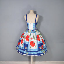 Load image into Gallery viewer, 60s BRIGHT BLUE AND RED STRAPPY POPPY FLORAL FULL SKIRTED SUN DRESS - XS