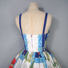 Load image into Gallery viewer, 60s BRIGHT BLUE AND RED STRAPPY POPPY FLORAL FULL SKIRTED SUN DRESS - XS
