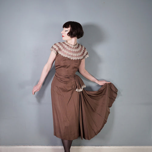 40s BROWN GROSGRAIN DRAPED DRESS WITH LACE AND MESH CONTRAST NECK - S
