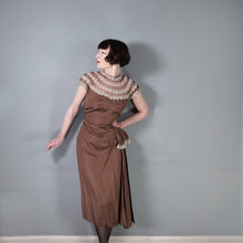 Load image into Gallery viewer, 40s BROWN GROSGRAIN DRAPED DRESS WITH LACE AND MESH CONTRAST NECK - S