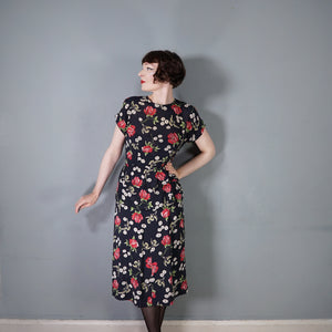 40s ROSE AND BIRD PRINT BLACK RAYON PEPLUM TEA DRESS - M