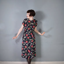Load image into Gallery viewer, 40s ROSE AND BIRD PRINT BLACK RAYON PEPLUM TEA DRESS - M