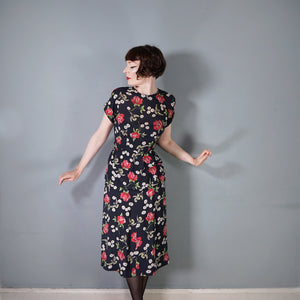 40s ROSE AND BIRD PRINT BLACK RAYON PEPLUM TEA DRESS - M