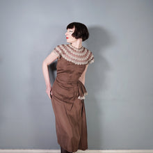 Load image into Gallery viewer, 40s BROWN GROSGRAIN DRAPED DRESS WITH LACE AND MESH CONTRAST NECK - S