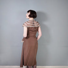 Load image into Gallery viewer, 40s BROWN GROSGRAIN DRAPED DRESS WITH LACE AND MESH CONTRAST NECK - S