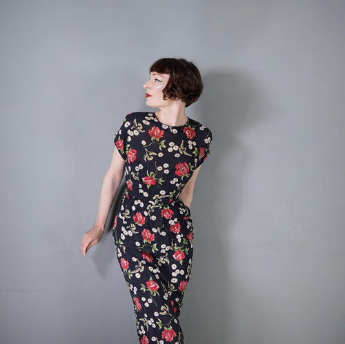 40s ROSE AND BIRD PRINT BLACK RAYON PEPLUM TEA DRESS - M
