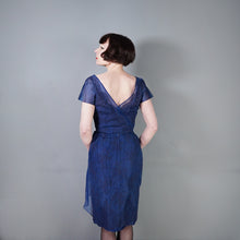 Load image into Gallery viewer, 50s BLUE LACE COCKTAIL WIGGLE DRESS WITH HIP WATERFALL DRAPE - S