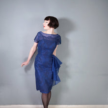 Load image into Gallery viewer, 50s BLUE LACE COCKTAIL WIGGLE DRESS WITH HIP WATERFALL DRAPE - S