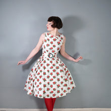 Load image into Gallery viewer, 50s style HEAVY COTTON RED ROSE PRINT FULL SKIRTED DRESS WITH CINCH BELT