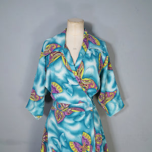 40s SEERSUCKER COTTON TURQUOISE BUTTERFLY PRINT WRAP ROBE DRESS - M