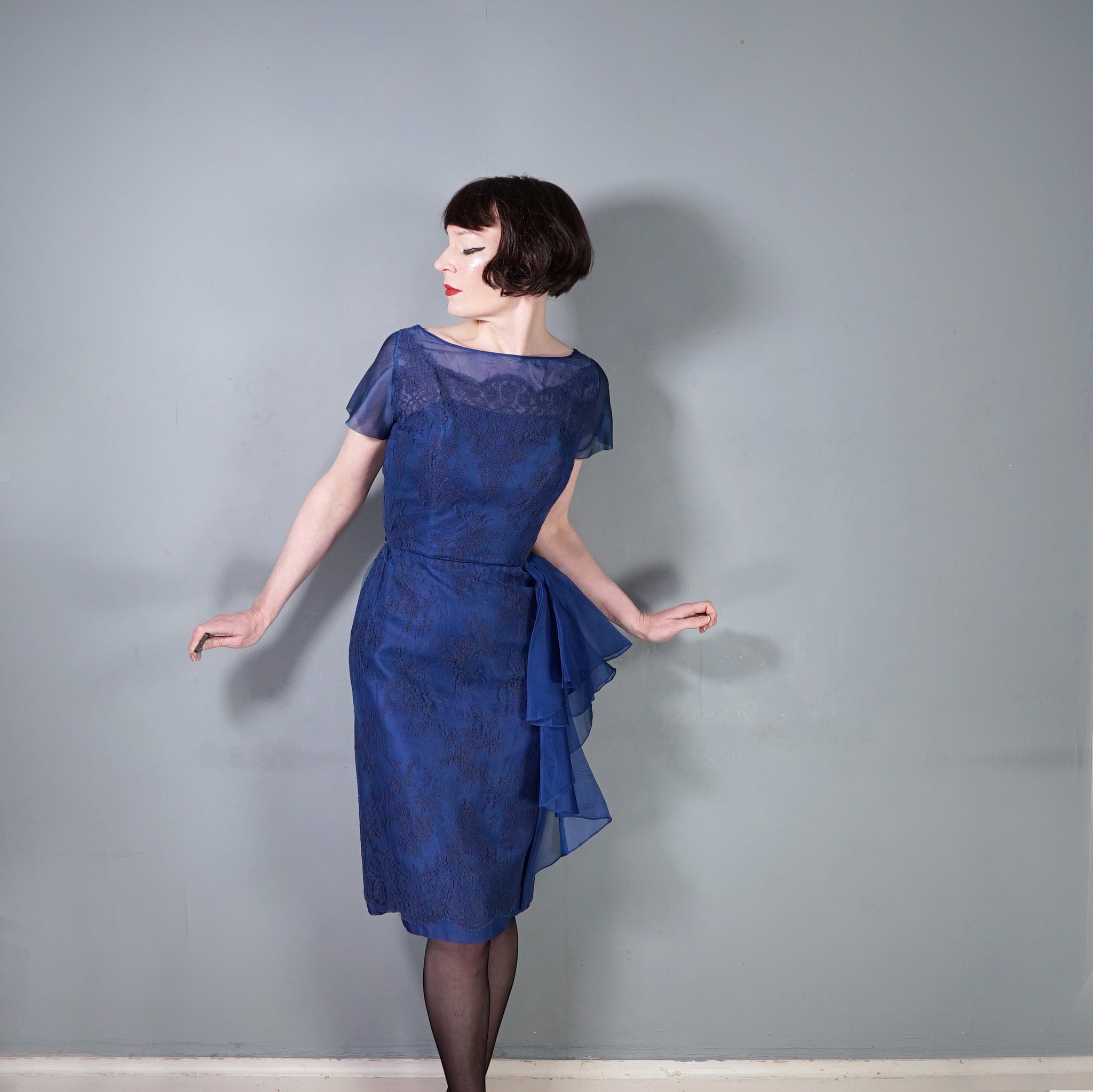 50s BLUE LACE COCKTAIL WIGGLE DRESS WITH HIP WATERFALL DRAPE - S Sartorial Matters 50s BLUE LACE COCKTAIL WIGGLE DRESS WITH HIP WATERFALL DRAPE - S Sartorial Matters