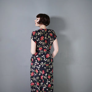 40s ROSE AND BIRD PRINT BLACK RAYON PEPLUM TEA DRESS - M