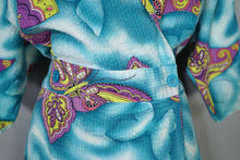 Load image into Gallery viewer, 40s SEERSUCKER COTTON TURQUOISE BUTTERFLY PRINT WRAP ROBE DRESS - M