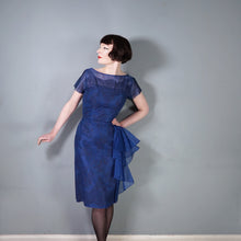 Load image into Gallery viewer, 50s BLUE LACE COCKTAIL WIGGLE DRESS WITH HIP WATERFALL DRAPE - S