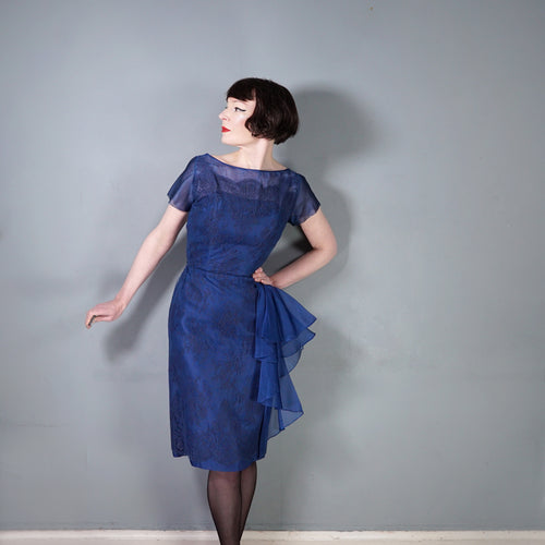 50s BLUE LACE COCKTAIL WIGGLE DRESS WITH HIP WATERFALL DRAPE - S