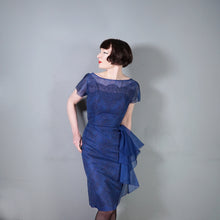 Load image into Gallery viewer, 50s BLUE LACE COCKTAIL WIGGLE DRESS WITH HIP WATERFALL DRAPE - S