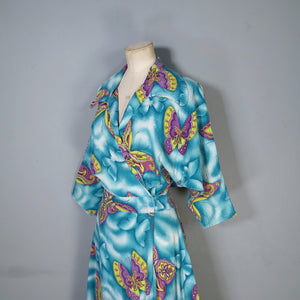 40s SEERSUCKER COTTON TURQUOISE BUTTERFLY PRINT WRAP ROBE DRESS - M