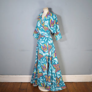 40s SEERSUCKER COTTON TURQUOISE BUTTERFLY PRINT WRAP ROBE DRESS - M