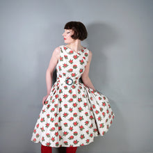 Load image into Gallery viewer, 50s style HEAVY COTTON RED ROSE PRINT FULL SKIRTED DRESS WITH CINCH BELT