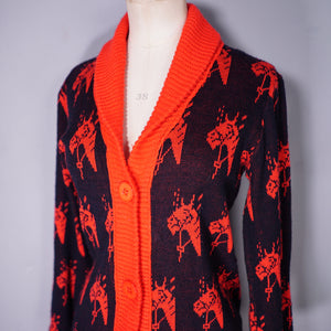 70s EQUESTRIAN / WESTERN STYLE RED AND BLACK HORSE HEAD PATTERN CARDIGAN - S