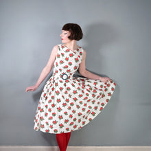 Load image into Gallery viewer, 50s style HEAVY COTTON RED ROSE PRINT FULL SKIRTED DRESS WITH CINCH BELT