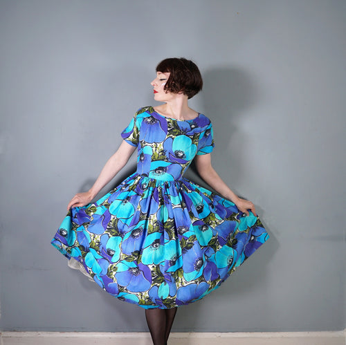 50s 60s HANDMADE VIVID LARGE BLUE AND TURQUOUISE FLORAL FULL SKIRTED DRESS - XS-S