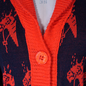 70s EQUESTRIAN / WESTERN STYLE RED AND BLACK HORSE HEAD PATTERN CARDIGAN - S