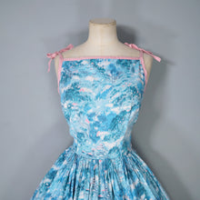 Load image into Gallery viewer, 50s PASTEL BLUE AND PINK ASIAN LANDSCAPE PRINT STRAPPY FULL SKIRTED SUN DRESS