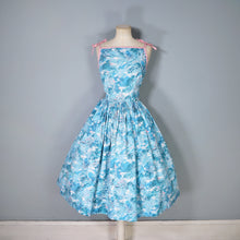 Load image into Gallery viewer, 50s PASTEL BLUE AND PINK ASIAN LANDSCAPE PRINT STRAPPY FULL SKIRTED SUN DRESS