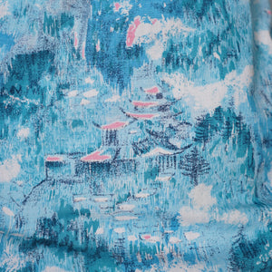 50s PASTEL BLUE AND PINK ASIAN LANDSCAPE PRINT STRAPPY FULL SKIRTED SUN DRESS