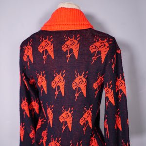 70s EQUESTRIAN / WESTERN STYLE RED AND BLACK HORSE HEAD PATTERN CARDIGAN - S