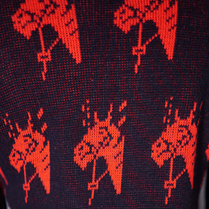 70s EQUESTRIAN / WESTERN STYLE RED AND BLACK HORSE HEAD PATTERN CARDIGAN - S