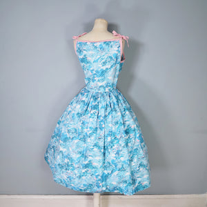 50s PASTEL BLUE AND PINK ASIAN LANDSCAPE PRINT STRAPPY FULL SKIRTED SUN DRESS