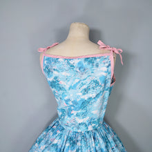 Load image into Gallery viewer, 50s PASTEL BLUE AND PINK ASIAN LANDSCAPE PRINT STRAPPY FULL SKIRTED SUN DRESS