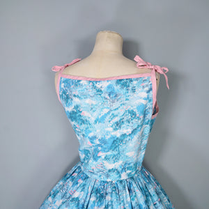 50s PASTEL BLUE AND PINK ASIAN LANDSCAPE PRINT STRAPPY FULL SKIRTED SUN DRESS