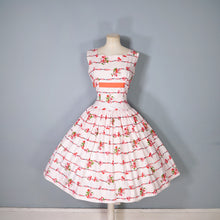 Load image into Gallery viewer, 50s CALIFORNIA COTTONS PASTEL PINK RIBBON AND PANSY PRINT FULL SKIRTED DRESS - S