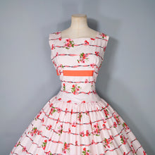 Load image into Gallery viewer, 50s CALIFORNIA COTTONS PASTEL PINK RIBBON AND PANSY PRINT FULL SKIRTED DRESS - S